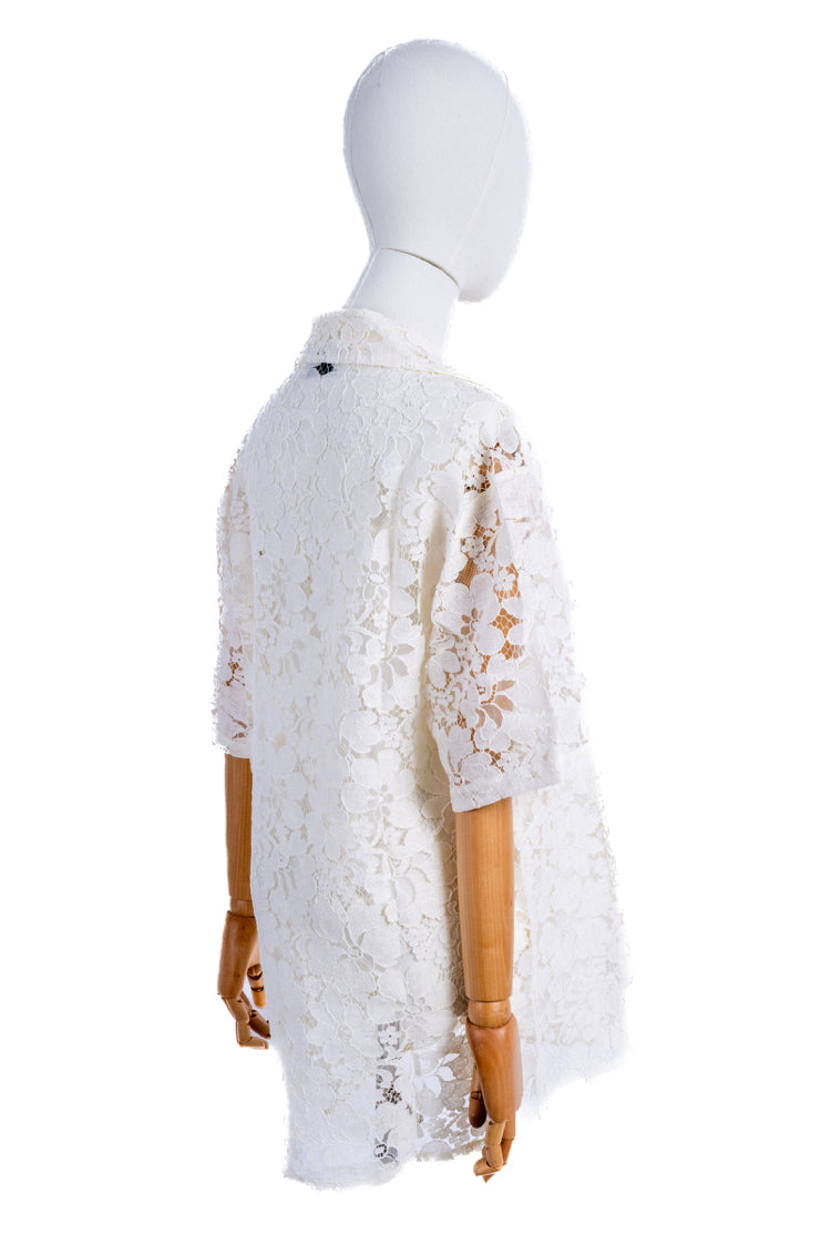 Bowling Shirt White Paint Flowers Encaje